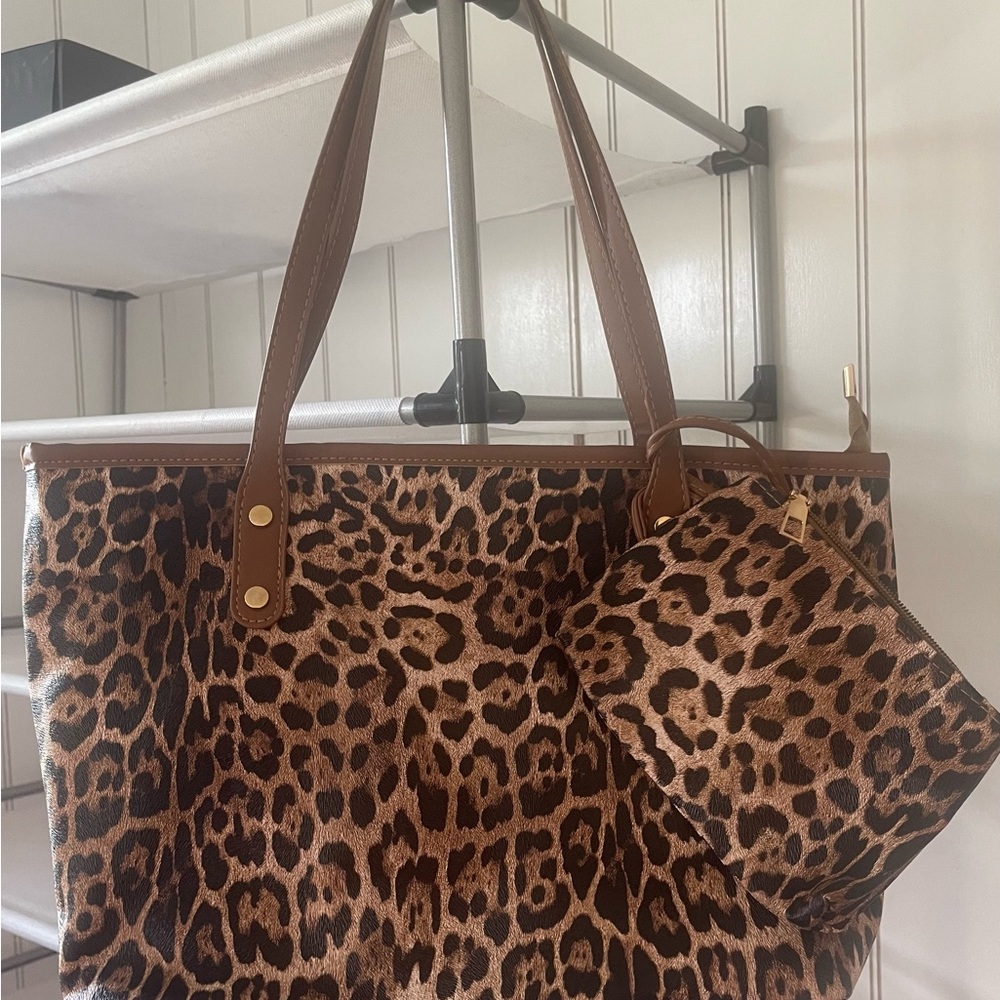 Brown Leopard Print Tote with Removable Pouch